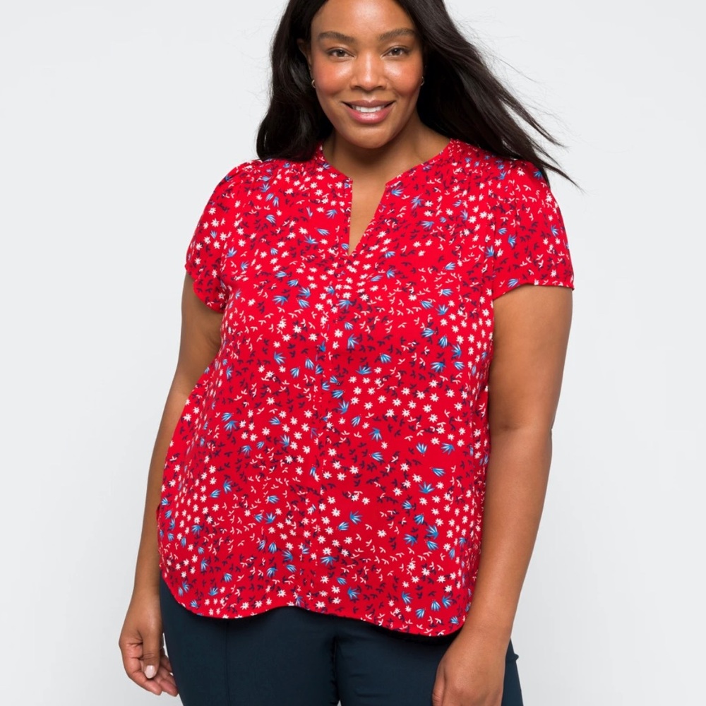 Red Linnette Split Neck Smocked Blouse